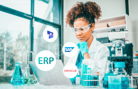 A scientist working in a pharma manufacturing facility with a laptop and other equipment. Overlay logos are: ERP, Microsoft Dynamics 365, SAP, Oracle.